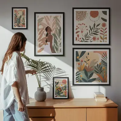 Set de 5 cuadros para salón con diseño de estilo bohemio de planta