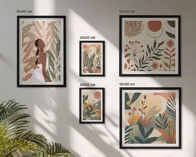 Set de 5 cuadros para salón con diseño de estilo bohemio de planta
