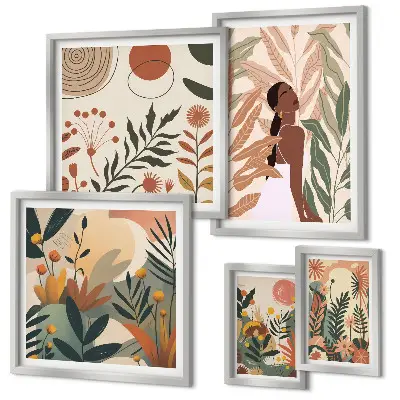 Set de 5 cuadros para salón con diseño de estilo bohemio de planta