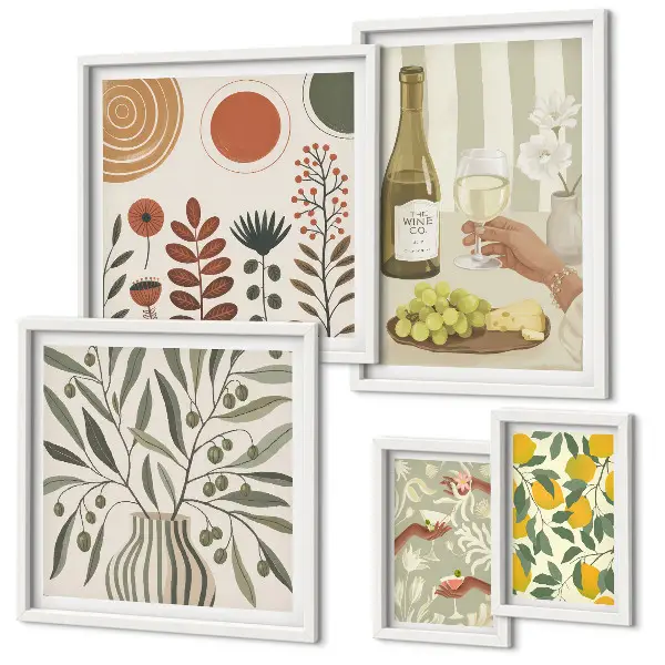 Set de 5 cuadros decorativos para salón con diseño elegante de vino