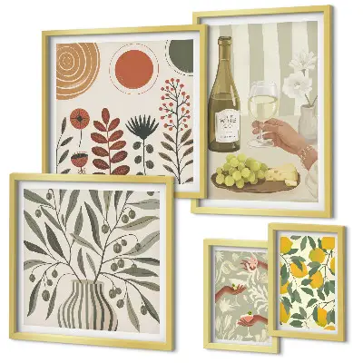 Set de 5 cuadros decorativos para salón con diseño elegante de vino
