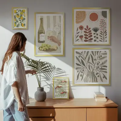 Set de 5 cuadros decorativos para salón con diseño elegante de vino