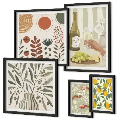 Set de 5 cuadros decorativos para salón con diseño elegante de vino
