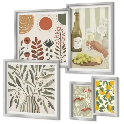 Set de 5 cuadros decorativos para salón con diseño elegante de vino