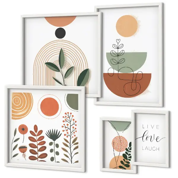 Pared galería de arte gráficos elegantes con plantas y formas geométricas