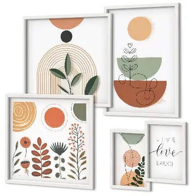 Pared galería de arte gráficos elegantes con plantas y formas geométricas