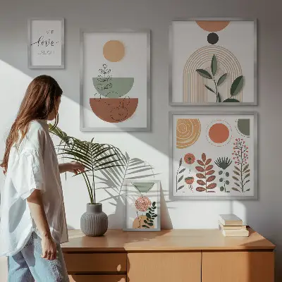 Pared galería de arte gráficos elegantes con plantas y formas geométricas