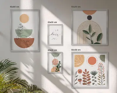 Pared galería de arte gráficos elegantes con plantas y formas geométricas