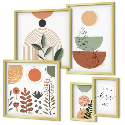 Pared galería de arte gráficos elegantes con plantas y formas geométricas