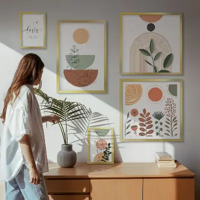 Pared galería de arte gráficos elegantes con plantas y formas geométricas