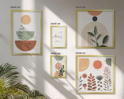 Pared galería de arte gráficos elegantes con plantas y formas geométricas