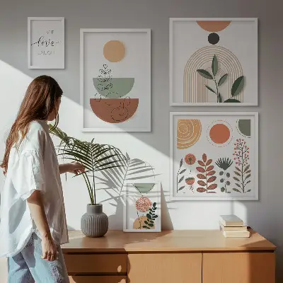 Pared galería de arte gráficos elegantes con plantas y formas geométricas