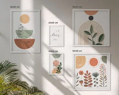 Pared galería de arte gráficos elegantes con plantas y formas geométricas