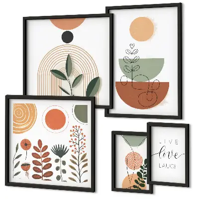 Pared galería de arte gráficos elegantes con plantas y formas geométricas