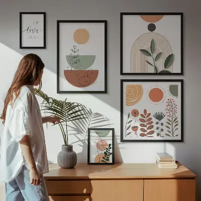 Pared galería de arte gráficos elegantes con plantas y formas geométricas