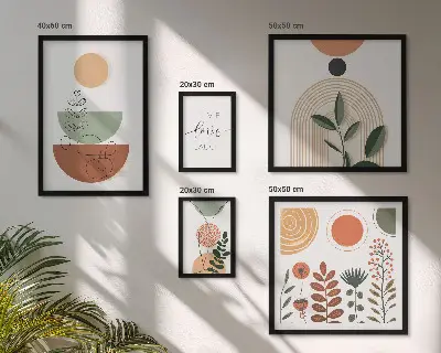 Pared galería de arte gráficos elegantes con plantas y formas geométricas