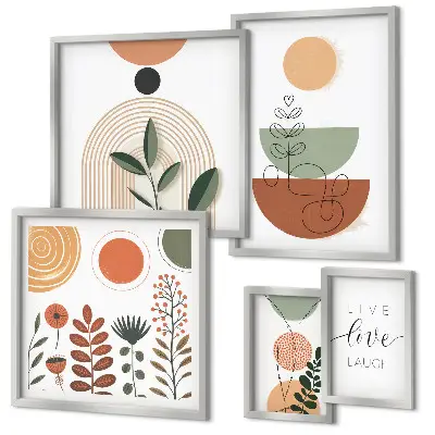 Pared galería de arte gráficos elegantes con plantas y formas geométricas