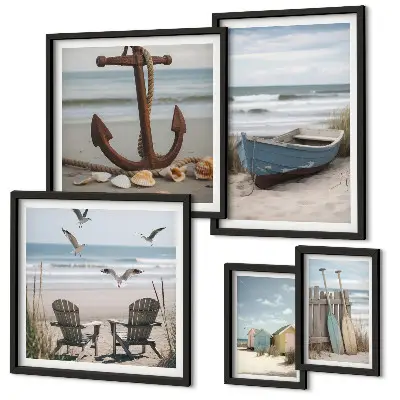 Pared galería de arte decoración con ambiente costero, relax y playa