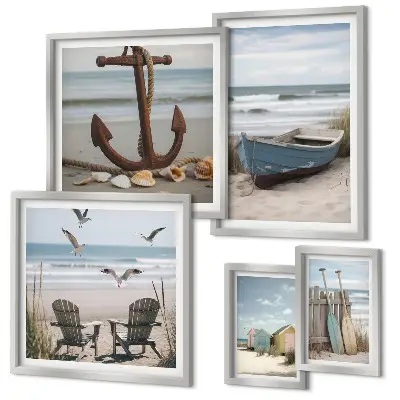 Pared galería de arte decoración con ambiente costero, relax y playa