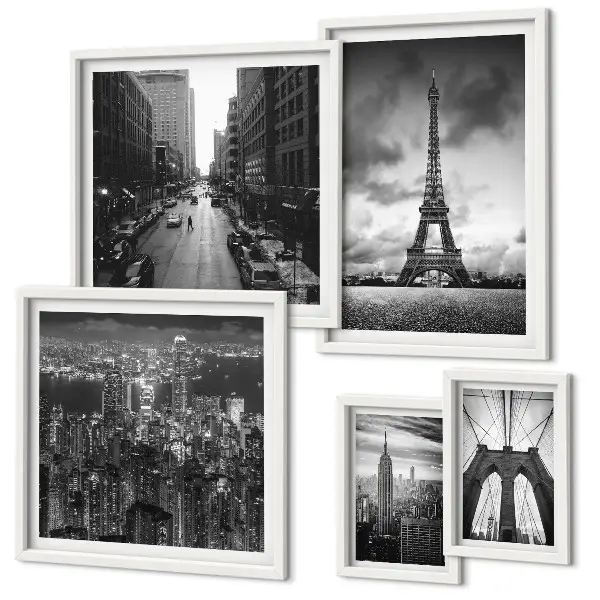 Conjunto de cuadros decorativos con iconos arquitectónicos en blanco y negro
