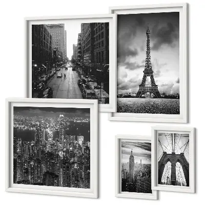 Conjunto de cuadros decorativos con iconos arquitectónicos en blanco y negro
