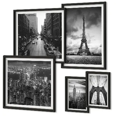Conjunto de cuadros decorativos con iconos arquitectónicos en blanco y negro