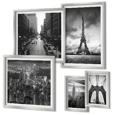 Conjunto de cuadros decorativos con iconos arquitectónicos en blanco y negro