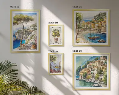 Set de 5 cuadros para salón con diseño de ciudades costeras