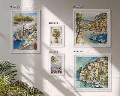 Set de 5 cuadros para salón con diseño de ciudades costeras