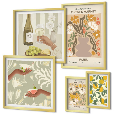 Set de 5 cuadros para salón Flores y frutas al estilo vintage