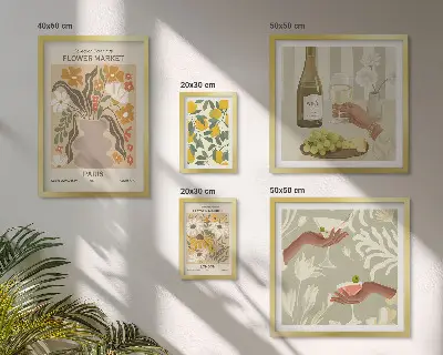 Set de 5 cuadros para salón con diseño de flores y frutas al estilo vintage