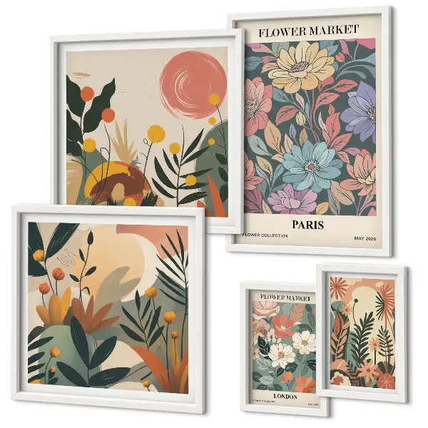 Set de 5 cuadros para salón con motivos florales de París y Londres
