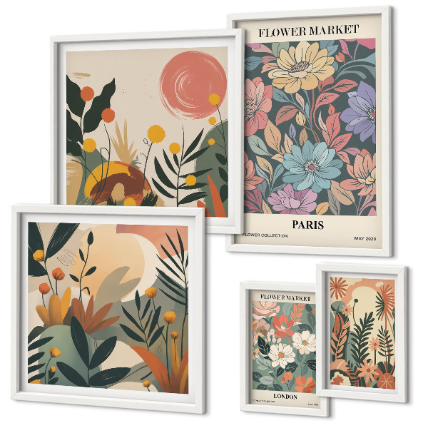 Set de 5 cuadros para salón Motivos florales París Londres