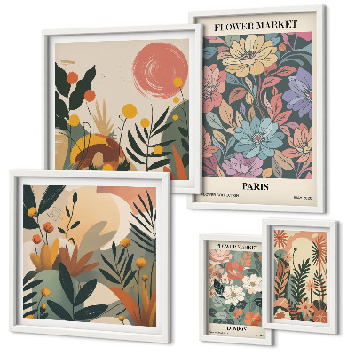 Set de 5 cuadros para salón Motivos florales París Londres