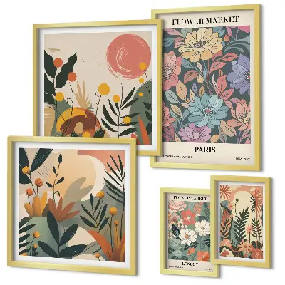 Set de 5 cuadros para salón con motivos florales de París y Londres