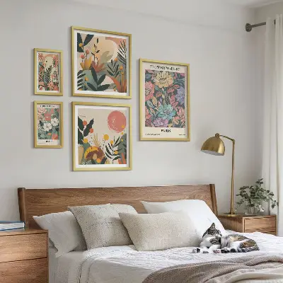 Set de 5 cuadros para salón con motivos florales de París y Londres