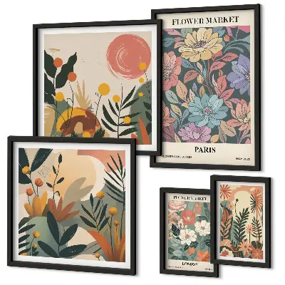 Set de 5 cuadros para salón con motivos florales de París y Londres