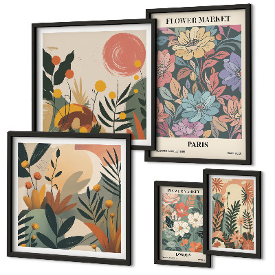 Set de 5 cuadros para salón Motivos florales París Londres