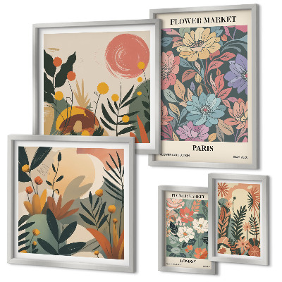 Set de 5 cuadros para salón Motivos florales París Londres