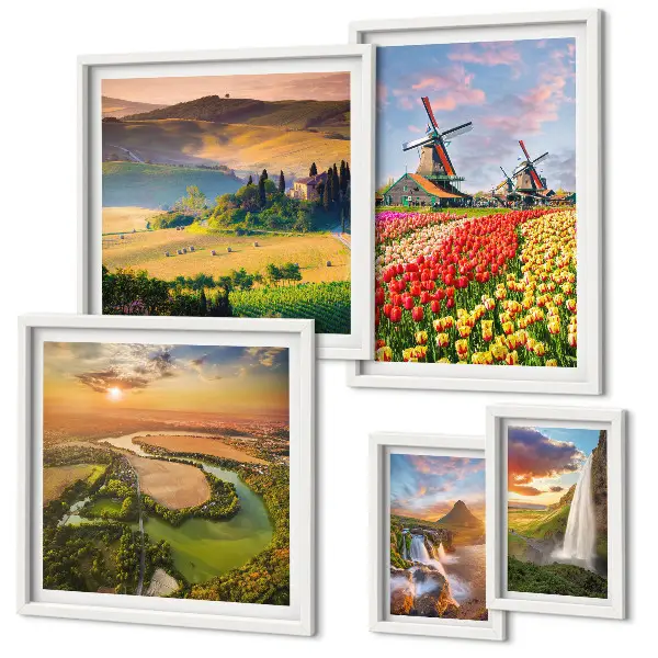Set de 5 cuadros para salón con paisajes naturales de cascadas y molinos de viento