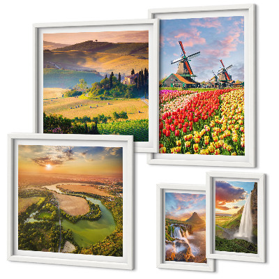 Set de 5 cuadros para salón Paisajes naturales, cascadas, molinos de viento