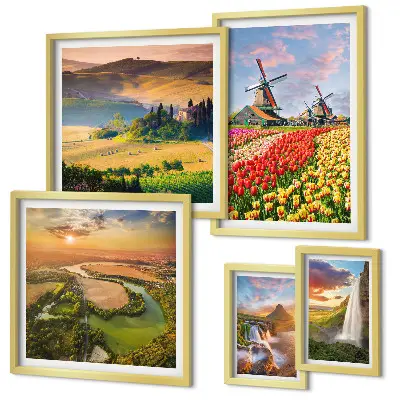 Set de 5 cuadros para salón con paisajes naturales de cascadas y molinos de viento