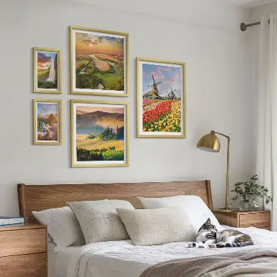 Set de 5 cuadros para salón con paisajes naturales de cascadas y molinos de viento