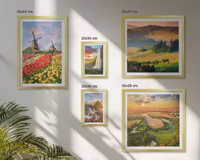 Set de 5 cuadros para salón con paisajes naturales de cascadas y molinos de viento