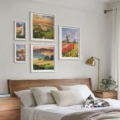 Set de 5 cuadros para salón con paisajes naturales de cascadas y molinos de viento