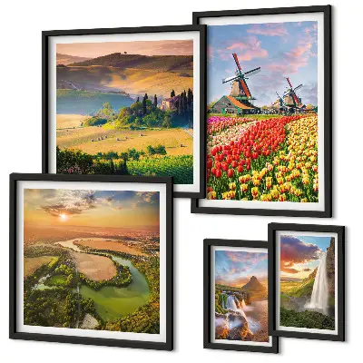 Set de 5 cuadros para salón con paisajes naturales de cascadas y molinos de viento