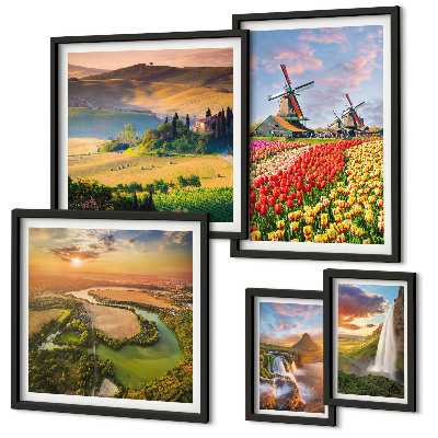 Set de 5 cuadros para salón Paisajes naturales, cascadas, molinos de viento