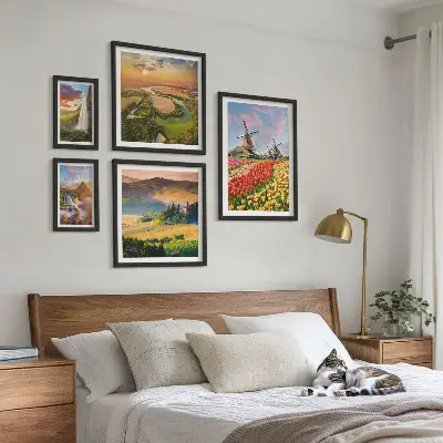 Set de 5 cuadros para salón con paisajes naturales de cascadas y molinos de viento