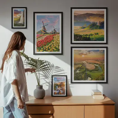Set de 5 cuadros para salón con paisajes naturales de cascadas y molinos de viento