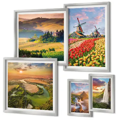 Set de 5 cuadros para salón con paisajes naturales de cascadas y molinos de viento